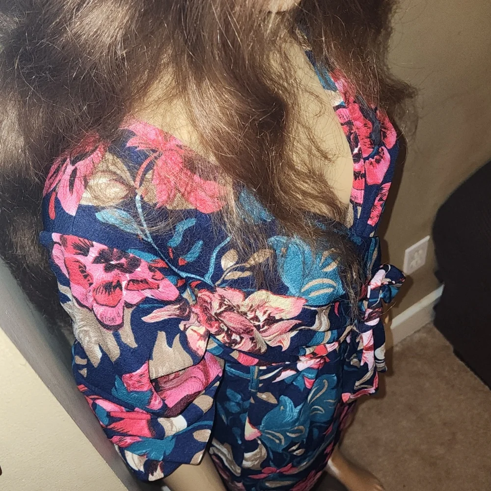Floral Print, Self-Tie Sash, Mini Dress, Small, Navy - Picture 5 of 8